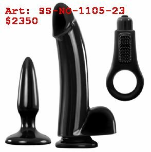 Kit x3 - Anillo, consolador con ventosa y plug anal en negro, Sexshop En Cordoba